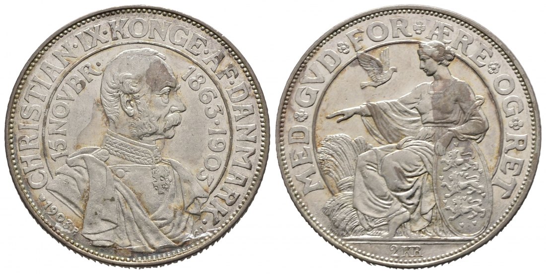 PEUS 9222 Dänemark Christian IX. (1863 - 1906). Regierungsjubiläum 40 Jahre 2 Kroner SILBER 1903 Patina, vorzüglich