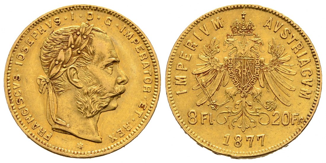 PEUS 9226 Österreich 5,81 g Feingold. Franz Joseph I. (1848 - 1916) 8 Gulden GOLD 1877 Sehr schön