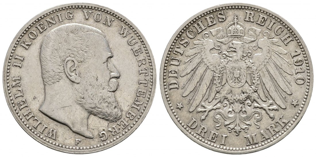 PEUS 9228 Kaiserreich - Württemberg Wilhelm II. (1891 - 1918) 3 Mark 1910 F Sehr schön