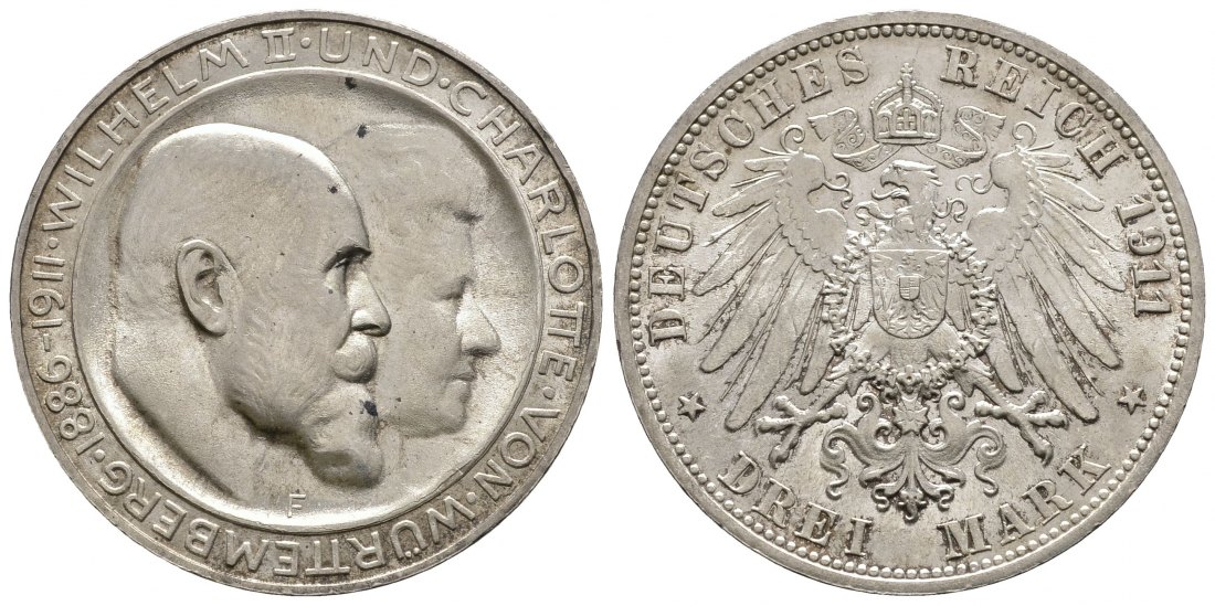 PEUS 9229 Kaiserreich - Württemberg Wilhelm II., Silberhochzeit 3 Mark 1911 Leicht fleckig, Vorzüglich +
