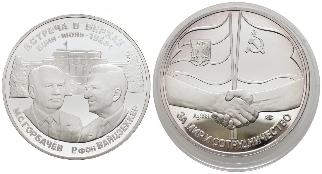PEUS 9232 Russland 31,45 g Feinsilber. Gorbatschow & Weizäcker Silbermedaille 1989 LMD Leningr Proof (in Kapsel)