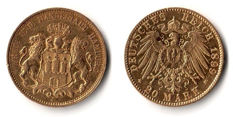 Hamburg, Freie und Hansestadt MM-Frankfurt Feingewicht: 7,17g Gold 20 Mark 1899 J sehr schön