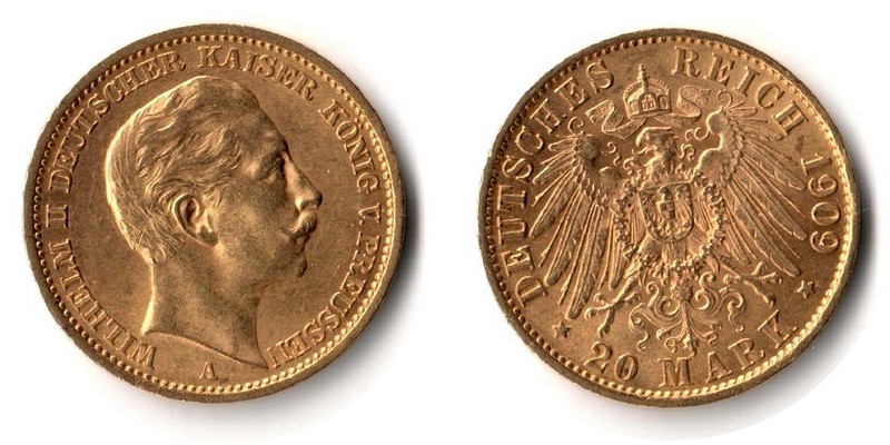 Preussen, Königreich MM-Frankfurt Feingewicht: 7,17g Gold 20 Mark 1909 A sehr schön
