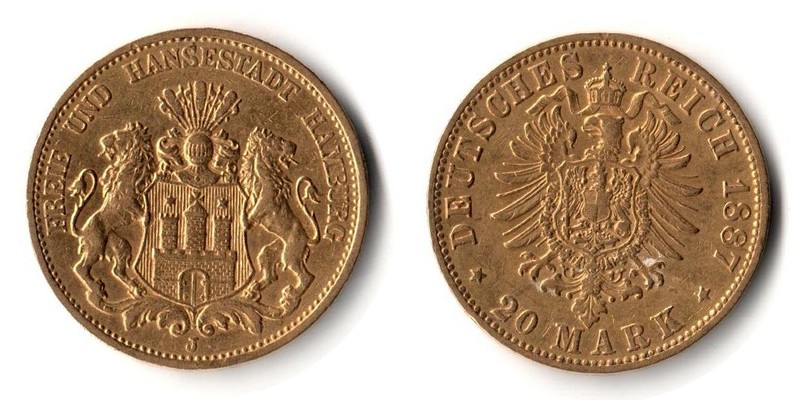 Hamburg, Freie und Hansestadt MM-Frankfurt Feingewicht: 7,17g Gold 20 Mark 1887 J sehr schön