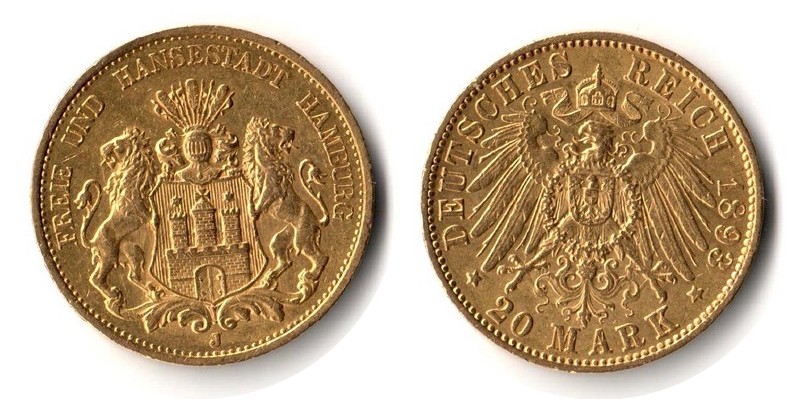 Hamburg, Kaiserreich MM-Frankfurt Feingewicht: 7,17g Gold 20 Mark 1893 J sehr schön