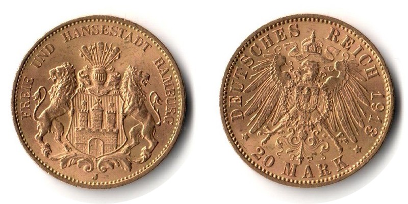 Hamburg, Freie und Hansestadt MM-Frankfurt Feingewicht: 7,17g Gold 20 Mark 1913 J vorzüglich/ss