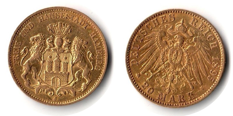 Hamburg, Freie und Hansestadt MM-Frankfurt Feingewicht: 7,17g Gold 20 Mark 1895 J sehr schön
