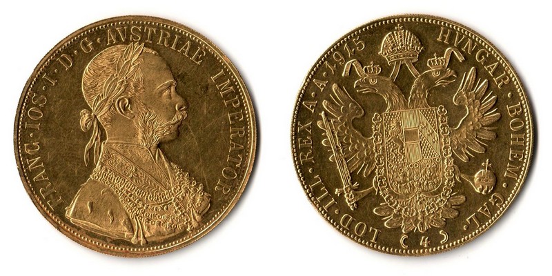 Österreich MM-Frankfurt  Feingewicht: 13,76g Gold 4 Dukaten 1915 ss (Randfehler)