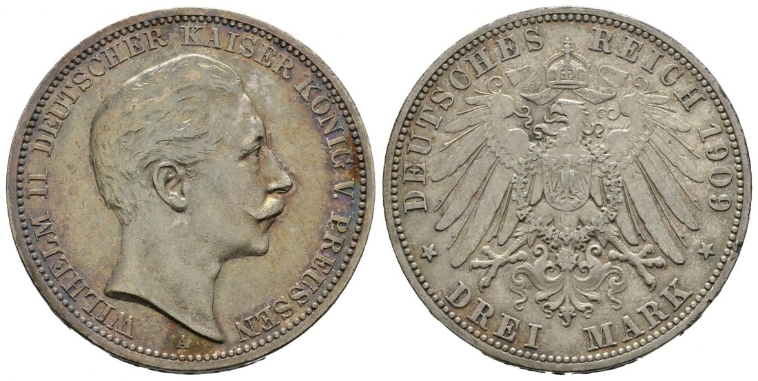 PEUS 9235 Kaiserreich - Preußen  3 Mark 1909 A Randfehler, sehr schön