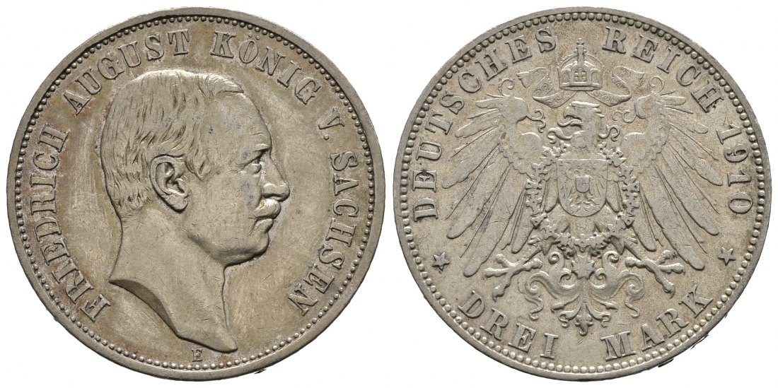 PEUS 9236 Kaiserreich - Sachsen Friedrich August III. (1904 - 1918) 3 Mark 1910 E Sehr schön