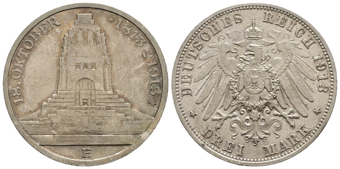 PEUS 9237 Kaiserreich - Sachsen Völkerschlachtdenkmal 3 Mark 1913 E Patina, vorzüglich
