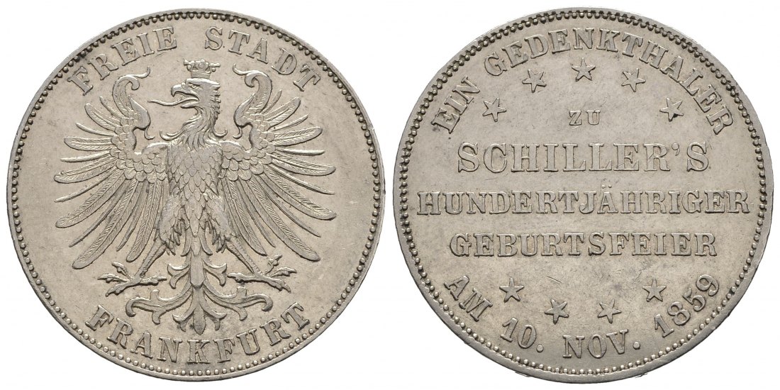 PEUS 9239 Frankfurt am Main Schillers 100. Geburtstag Taler 1859 Sehr schön +