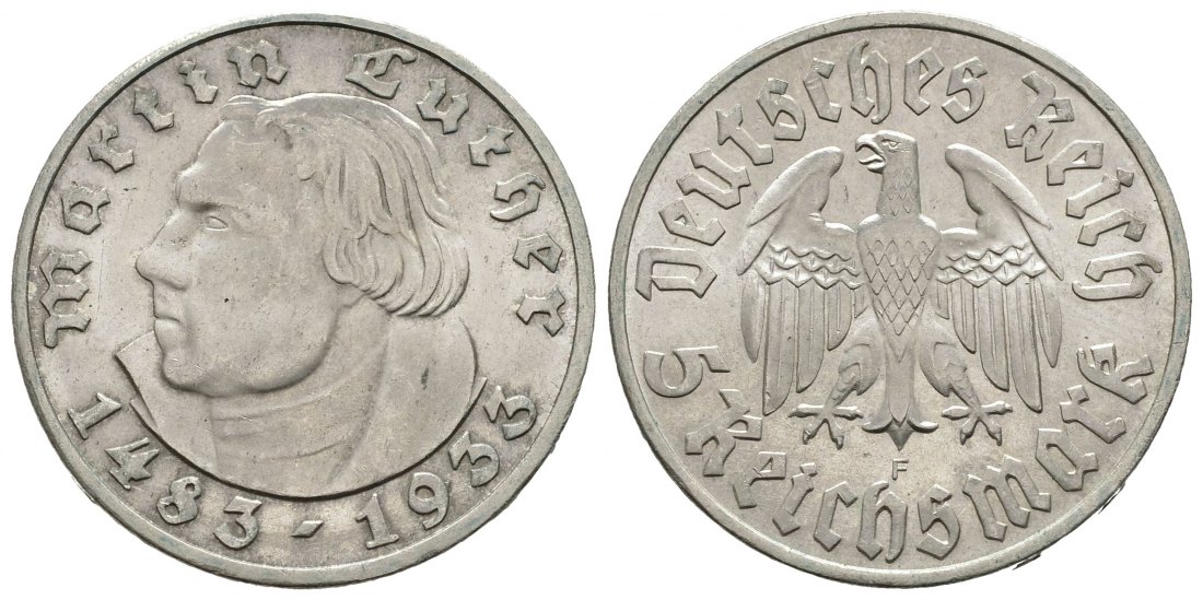 PEUS 9240 Drittes Reich 450. Geburtstag v. Martin Luther 5 Reichsmark 1933 F Stuttgart Sehr schön
