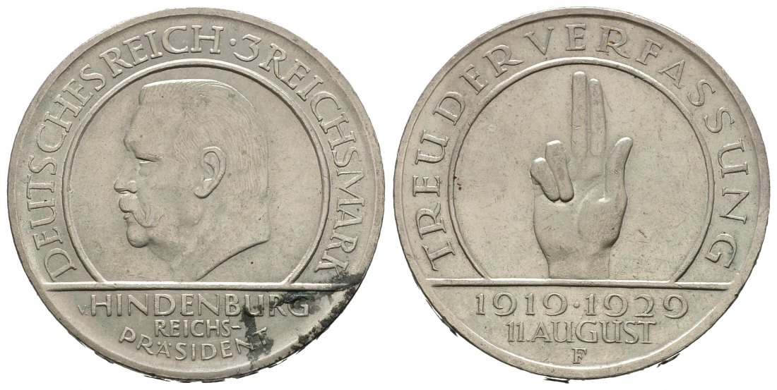 PEUS 9247 Weimarer Republik 10.Jahre Weimarer Reichsverfassung 3 Reichsmark 1929 F Sehr schön
