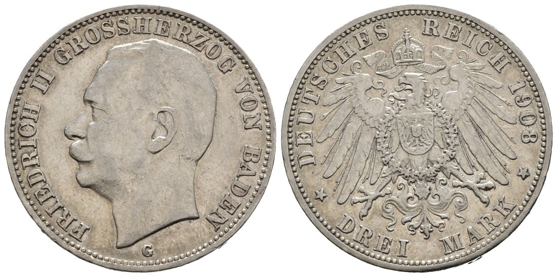 PEUS 9248 Kaiserreich - Baden Friedrich II. (1907 - 1918) 3 Mark 1908 G Sehr schön