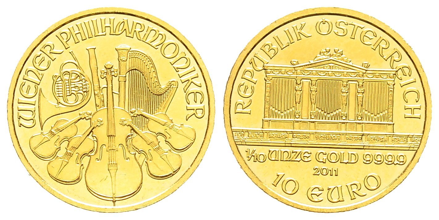 PEUS 9250 Österreich 3,11 g Feingold. Wiener Philharmoniker 10 Euro GOLD 1/10 Unze 2011 Stempelglanz