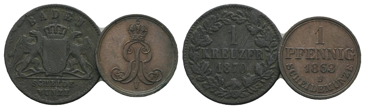  Altdeutschland, 2 Kleinmünzen (1870/1863)   