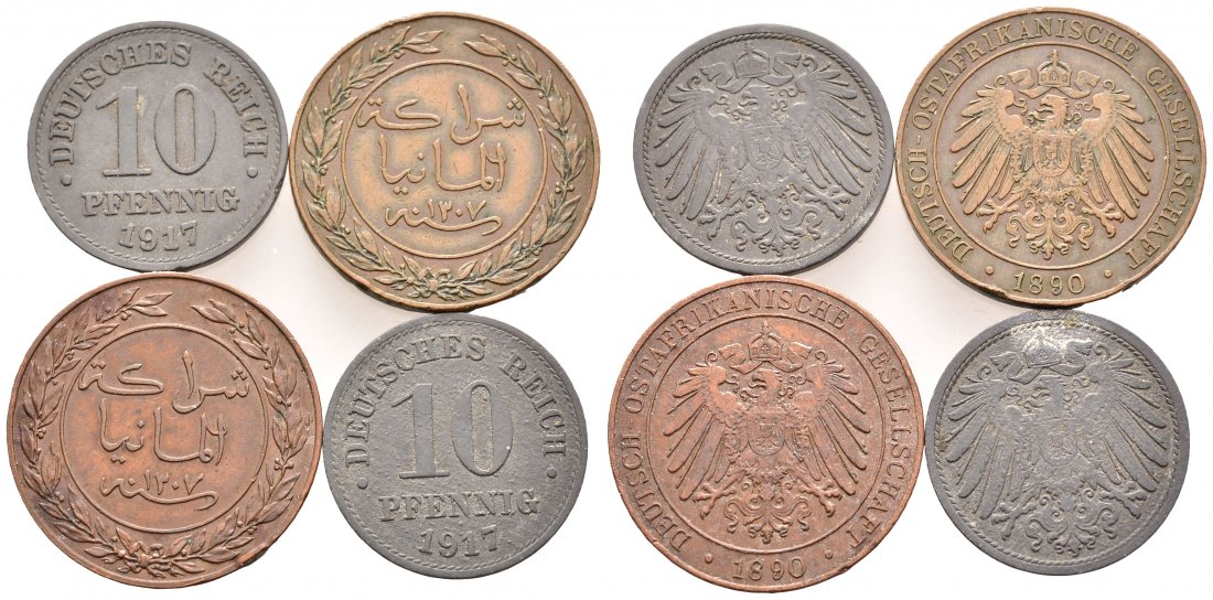 PEUS 9256 Deutsch Ostafrika + Reich  Pesa-Pfennig-Lot EISEN KUPFER (4 Münzen) 1890 + 1917 Sehr schön