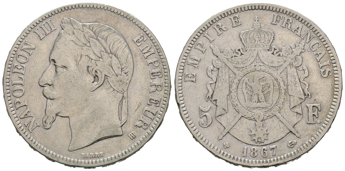 PEUS 9263 Frankreich 22,5 g Feinsilber. Napoleon III. (1852 - 1870) 5 Francs 1867 A Kratzer, fast Sehr schön