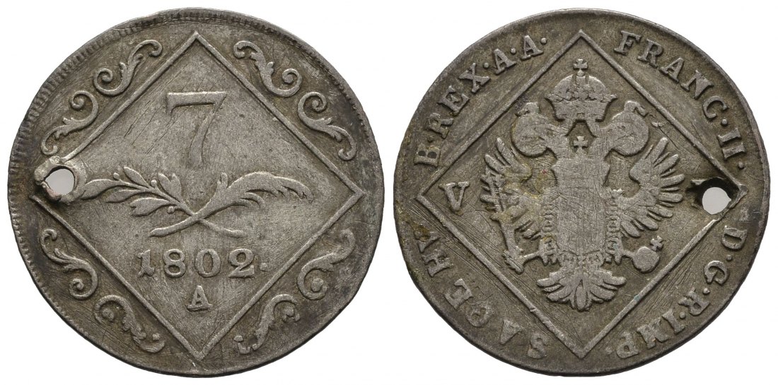 PEUS 9267 Österreich / Habsburg 3,89 g Feinsilber. Franz II.(I.) 1792-1835 7 Kreuzer 1802 A Gelocht, fast Sehr schön