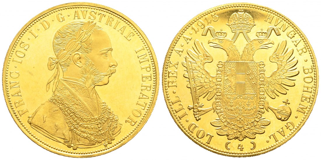 PEUS 9279 Österreich 13,76 g Feingold. Franz Joseph I. (1848 - 1916) 4 Dukaten (off.NP) GOLD 1915 Vorzüglich / Stempelglanz