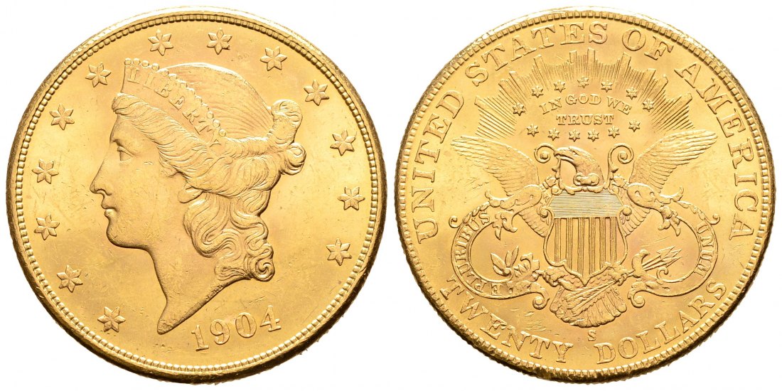 PEUS 9281 USA 30,1 g Feingold. Coronet Head 20 Dollars GOLD 1904 S Kl. Kratzer, Sehr schön +