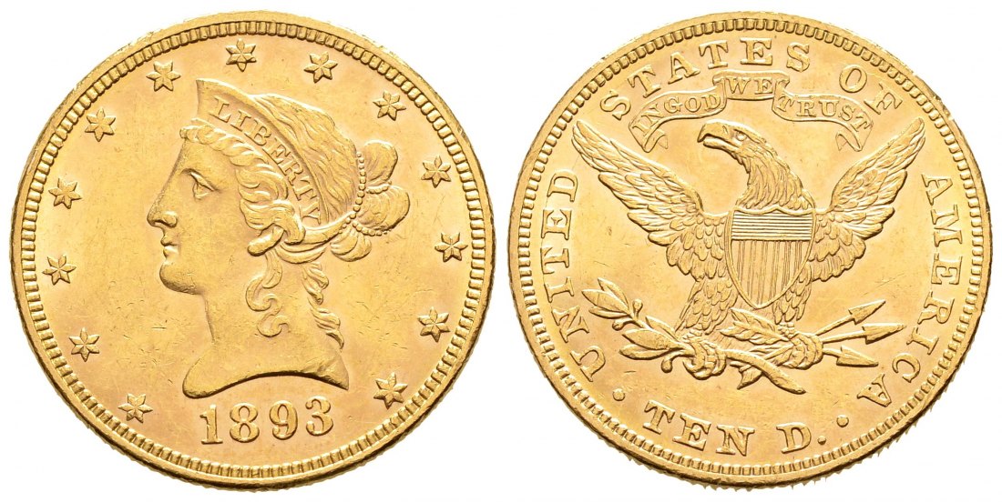 PEUS 9286 USA 15,05 g Feingold. Coronet Head 10 Dollars GOLD 1893 Kl. Kratzer, sehr schön +