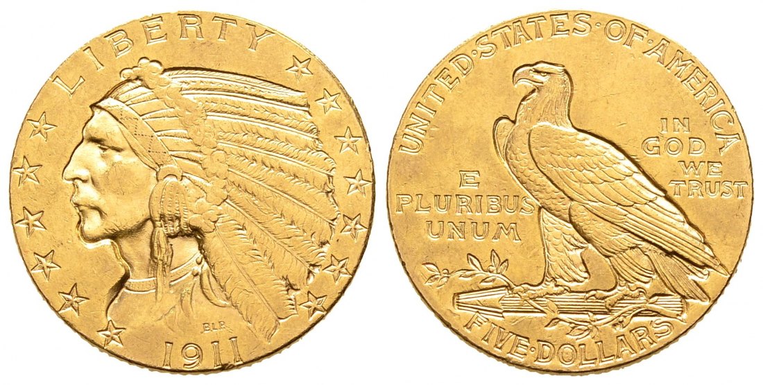 PEUS 9287 USA 7,52 g Feingold. Indian Head 5 Dollars GOLD 1911 Sehr schön +