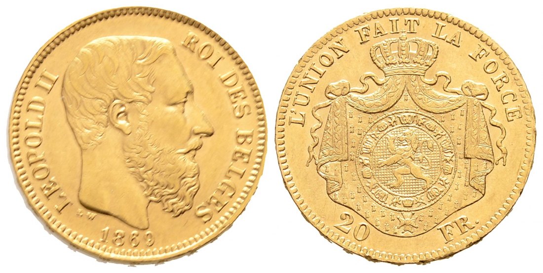 PEUS 9289 Belgien 5,81 g Feingold. Leopold II. (1865-1909) 20 Francs GOLD 1869 Kl. Kratzer, Vorzüglich