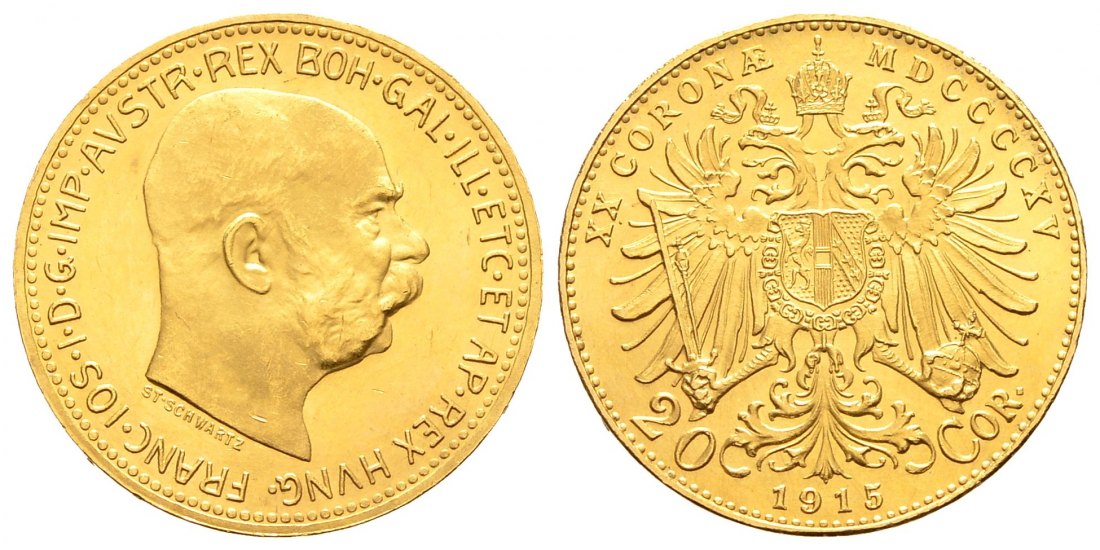 PEUS 9290 Österreich 6,1 g Feingold. Franz Joseph I. (1848 - 1916) 20 Kronen (off.NP) GOLD 1915 Vorzüglich