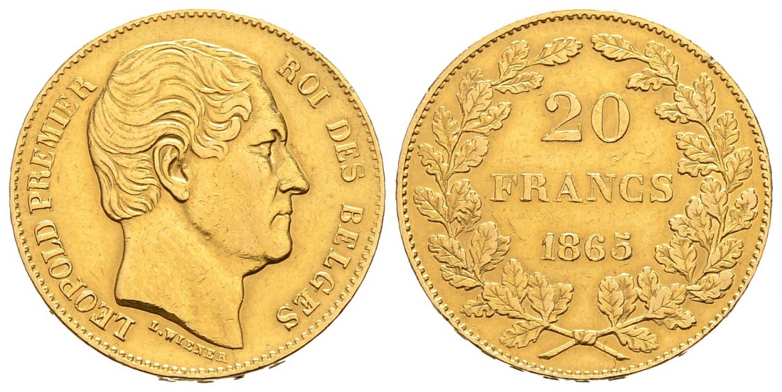 PEUS 9293 Belgien 5,81 g Feingold. Leopold I. (1831 - 1865) 20 Francs GOLD 1865 L.WIENER Sehr schön