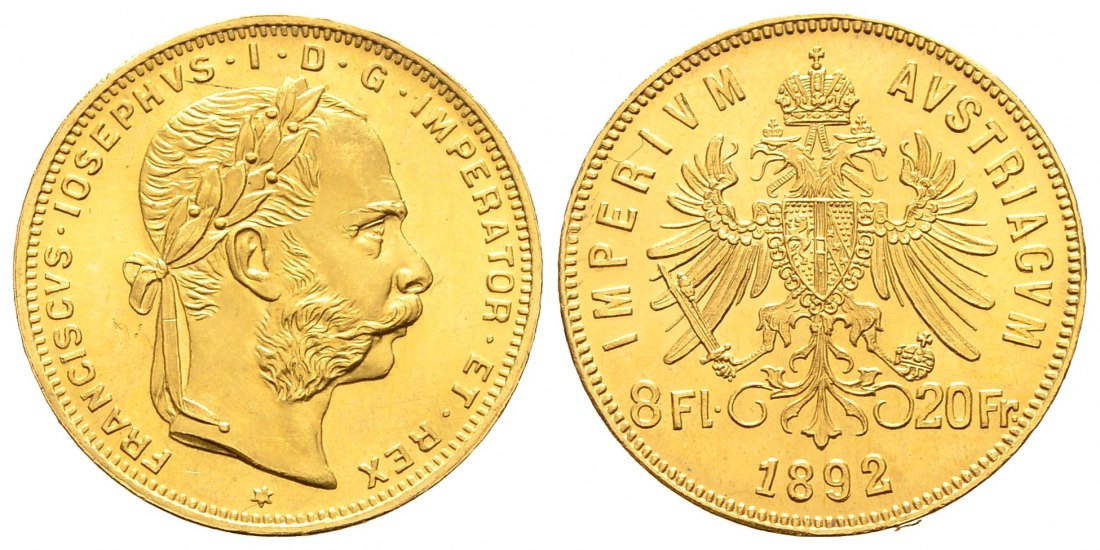 PEUS 9295 Österreich 5,81 g Feingold. Franz Joseph I. (1848 - 1916) 8 Gulden (NP) GOLD 1892 Winzige Kratzer, fast Stempelglanz