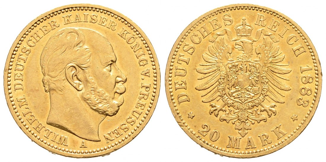 PEUS 9296 Kaiserreich - Preußen 7,17 g Feingold. Wilhelm I. (1861 - 1888) 20 Mark GOLD 1883 A Berlin Sehr schön