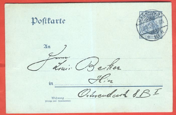  Deutsches Reich Postkarte 2 Pfennig ohne Wz.gel.1903   