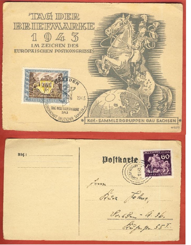  Deutsches Reich Tag der Briefmarke 1943 Stempel Dresden + Mährisch -Ostrau 1   