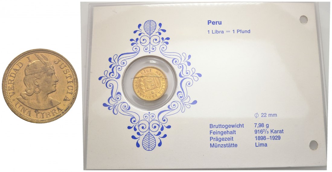 PEUS 9322 Peru 7,32 g Feingold. 1 Libra (Pound) GOLD 1918 Sehr schön / Vorzüglich
