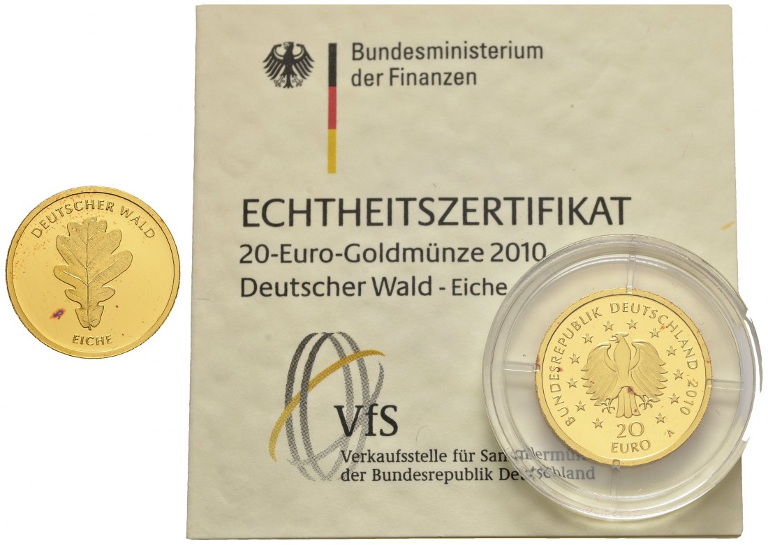 PEUS 9317 BRD 3,89 g Feingold. Deutscher Wald - Eiche NUR mit Zertifikat 20 Euro GOLD 2010 A Berlin Rote Flecken, Stempelglanz (in Kapsel)