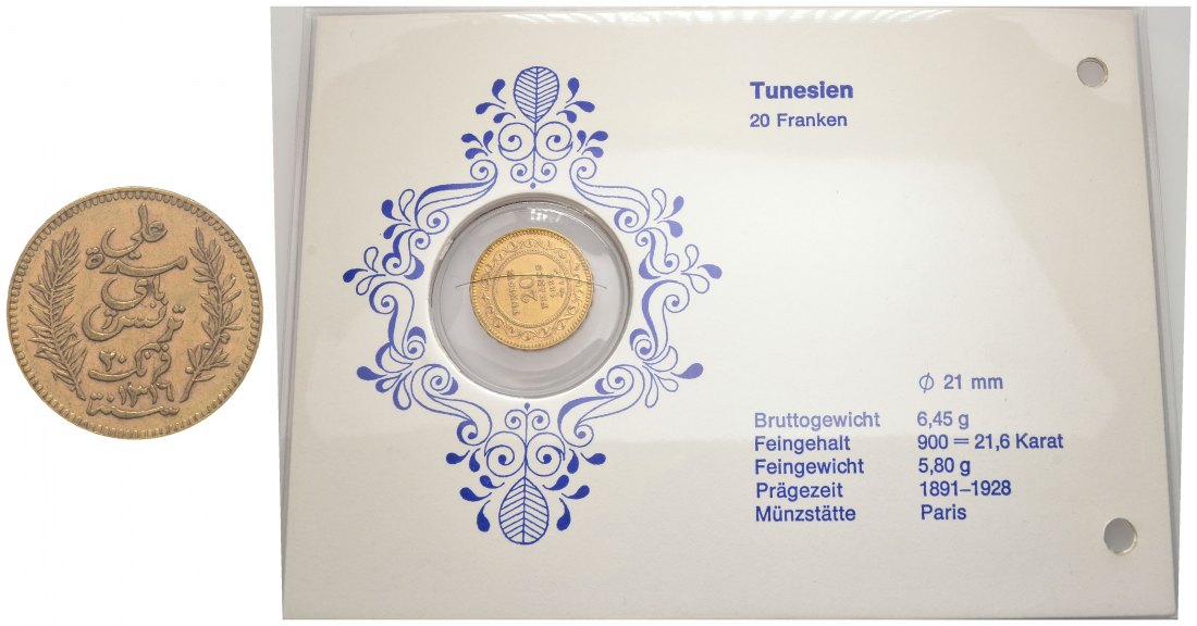 PEUS 9325 Tunesien 5,81 g Feingold. Einschliesslich Beschreibung 20 Francs GOLD 1898 A Sehr schön