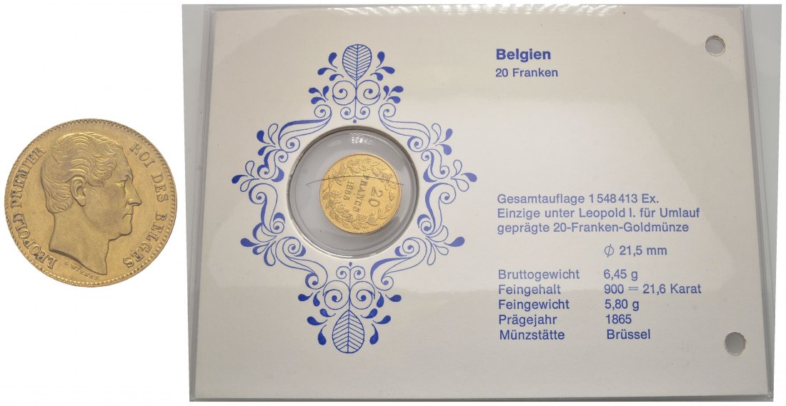 PEUS 9326 Belgien 5,81 g Feingold. Leopold I. (1831 - 1865) 20 Francs GOLD 1865 L.WIENER Sehr schön