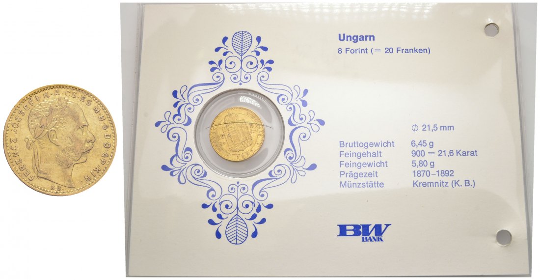 PEUS 9327 Ungarn 5,81 g Feingold. Kremnitz 8 Forint GOLD 1887 KB Sehr schön