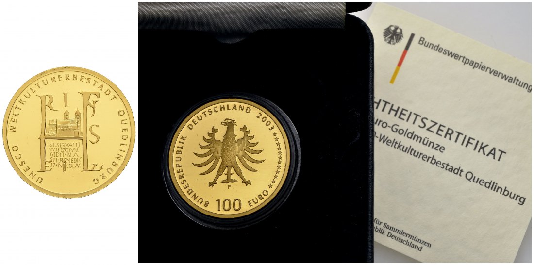 PEUS 9318 BRD 15,55 g Feingold. Quedlinburg incl. Etui und Zertifikat 100 Euro GOLD 2003 F Stuttgar Stempelglanz (Kapsel)