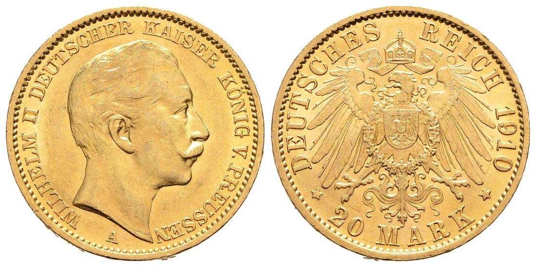 PEUS 9297 Kaiserreich - Preußen 7,17 g Feingold. Wilhelm II.(1888 - 1918) 20 Mark GOLD 1910 A Sehr schön +
