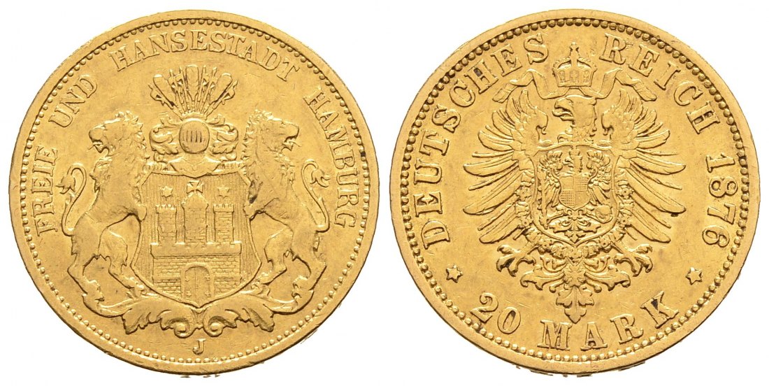 PEUS 9300 Kaiserreich - Hamburg 7,17 g Feingold. Stadtwappen / Kleiner Adler 20 Mark GOLD 1876 J Sehr schön