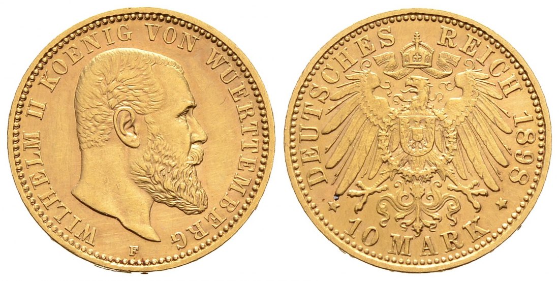 PEUS 9302 Kaiserreich - Württemberg 3,58 g Feingold. Wilhelm II. (1891 - 1918) 10 Mark GOLD 1898 F Kl. Kratzer, vorzüglich