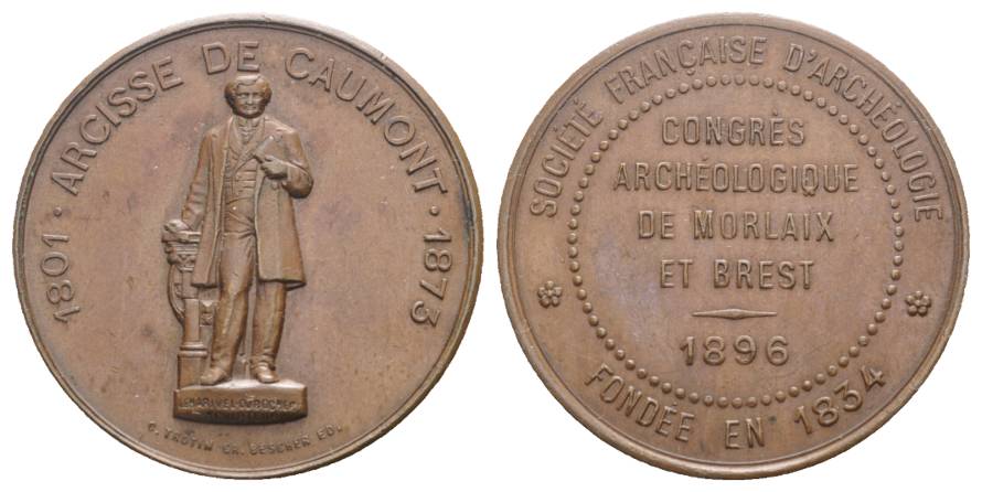  Frankreich, Bronzemedaille Arcisse de Caumont, 1896; 14,04 g; Ø 33 mm   