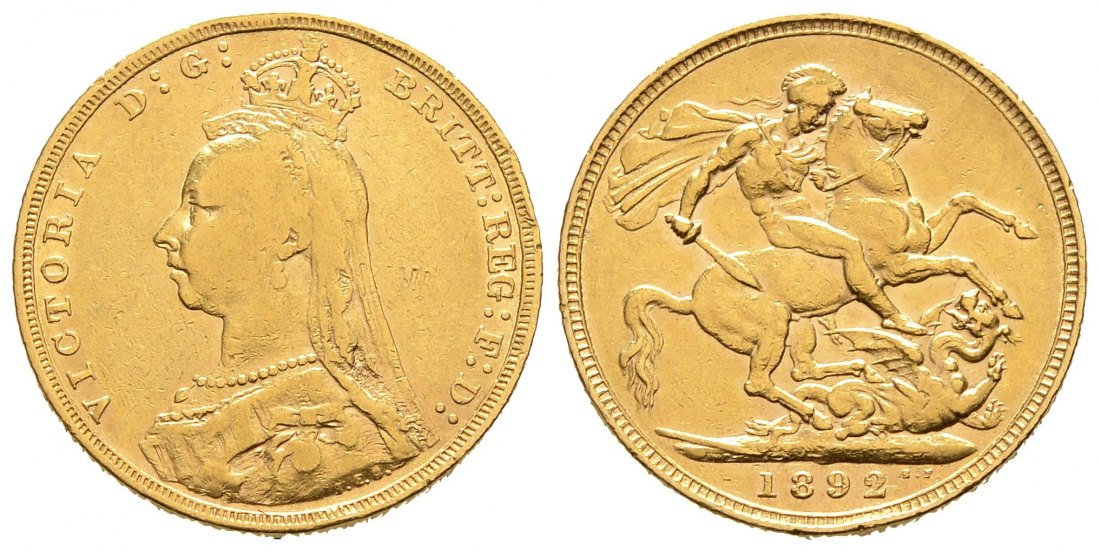 PEUS 9307 Grossbritannien 7,32 g Feingold. Victoria (1837 - 1901) Jubiläumsbüste mit Witwenschleier Sovereign GOLD 1892 Sehr schön
