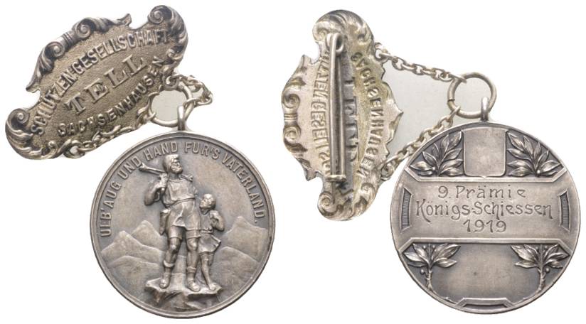  Sachsenhausen, tragbare Silbermedaille, Schützengesellsch. Tell 1919; 19,15 g; Ø 34 mm   