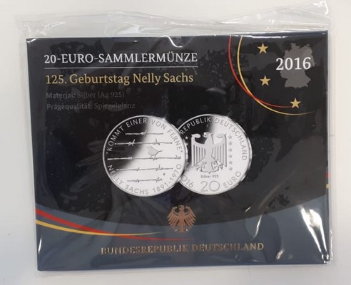  Deutschland  20 Euro 2016   Nelly Sachs Feingewicht: 16,5g Silber FM-Frankfurt  stempelglanz   