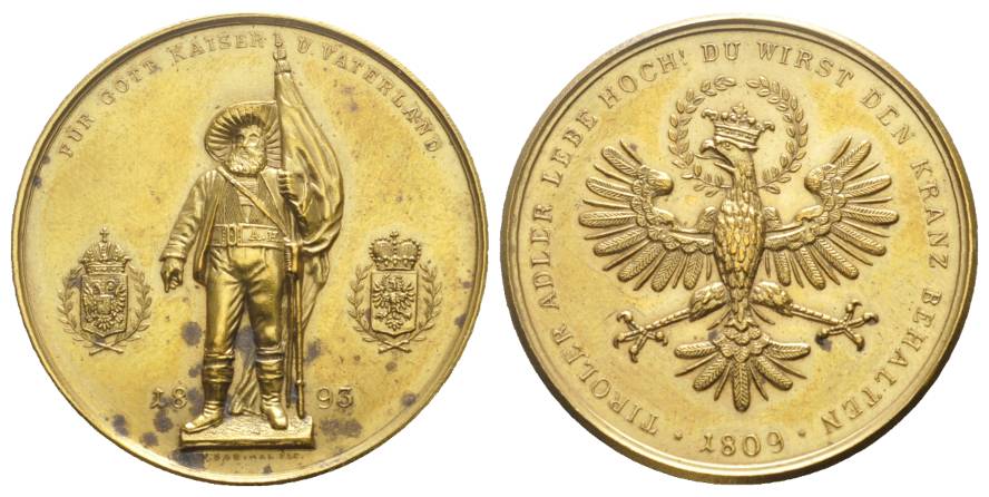 Bronzemedaille, vergoldet, 1893, Tiroler Adler 1809; 17,21 g; Ø 36 mm   