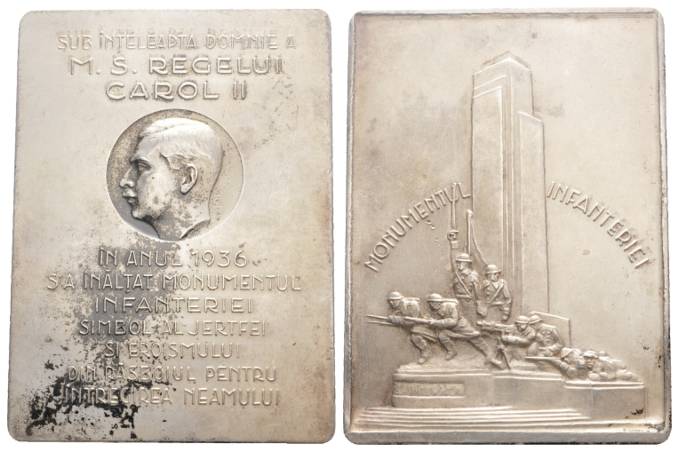  Plakette, Karl II. (Rumänien), 1936, Silber; 112,49 g; Ø 70 x 51 mm   